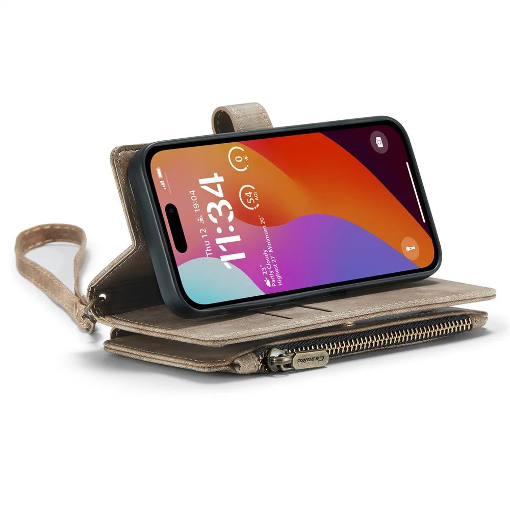 For iPhone 16 Pro Phone Cases with Strap CASEME C30 Zipper Multiple Card Holder PU Leather Cover - Brown - 3