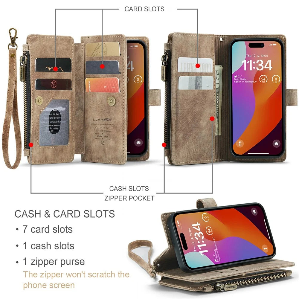 For iPhone 16 Pro Phone Cases with Strap CASEME C30 Zipper Multiple Card Holder PU Leather Cover - Brown - 5