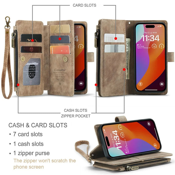 For iPhone 16 Pro Phone Cases with Strap CASEME C30 Zipper Multiple Card Holder PU Leather Cover - Brown - 5