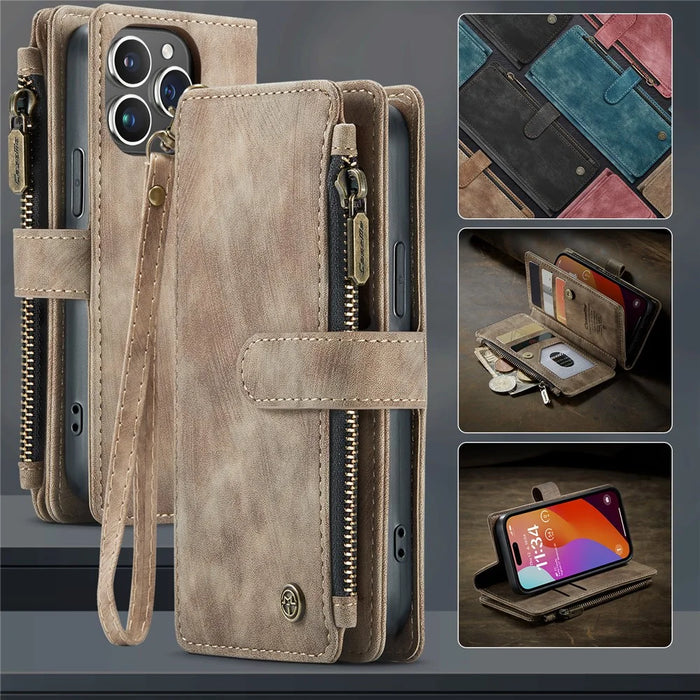 For iPhone 16 Pro Phone Cases with Strap CASEME C30 Zipper Multiple Card Holder PU Leather Cover - Brown - 7