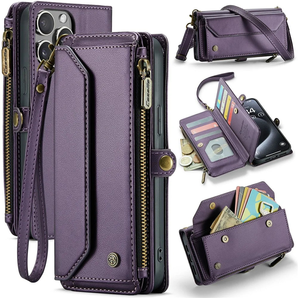For iPhone 16 Pro Max Leather Case CASEME C36 Zipper Multiple Card Slots Phone Cover with Straps - Purple - 1
