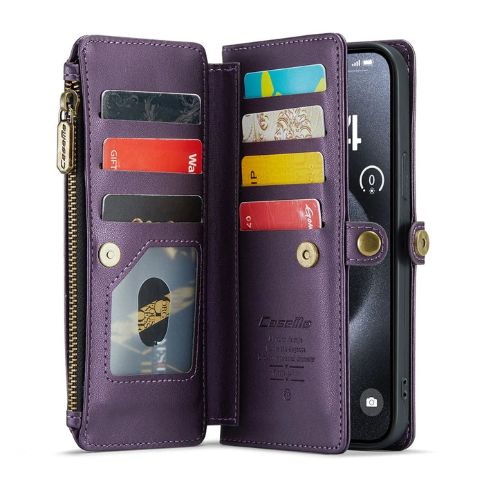 For iPhone 16 Pro Max Leather Case CASEME C36 Zipper Multiple Card Slots Phone Cover with Straps - Purple - 2