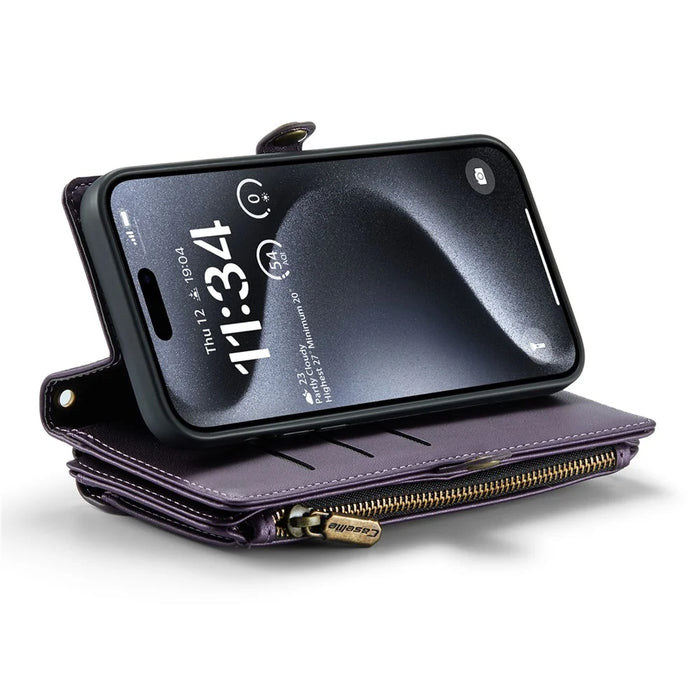For iPhone 16 Pro Max Leather Case CASEME C36 Zipper Multiple Card Slots Phone Cover with Straps - Purple - 3