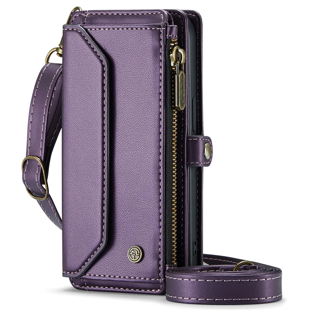 For iPhone 16 Pro Leather Case CASEME C36 Zipper Multiple Card Slots Phone Cover with Straps - Purple - 4