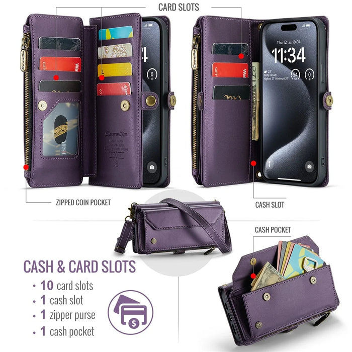 For iPhone 16 Pro Leather Case CASEME C36 Zipper Multiple Card Slots Phone Cover with Straps - Purple - 5