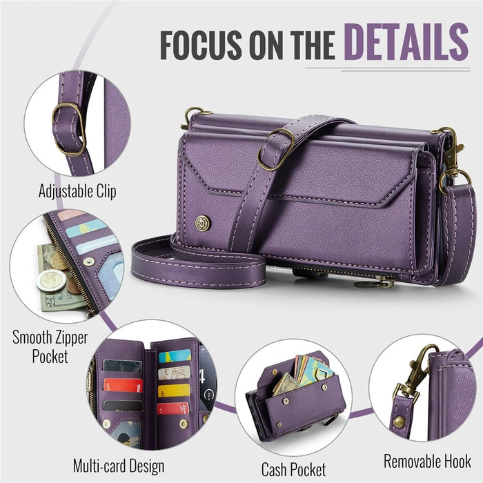 For iPhone 16 Pro Leather Case CASEME C36 Zipper Multiple Card Slots Phone Cover with Straps - Purple - 7