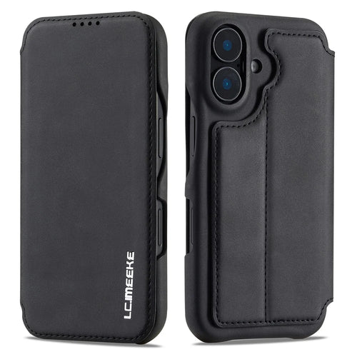 LC.IMEEKE For iPhone 16 Plus Case Card Holder Stand Leather Phone Cover - Black - 1