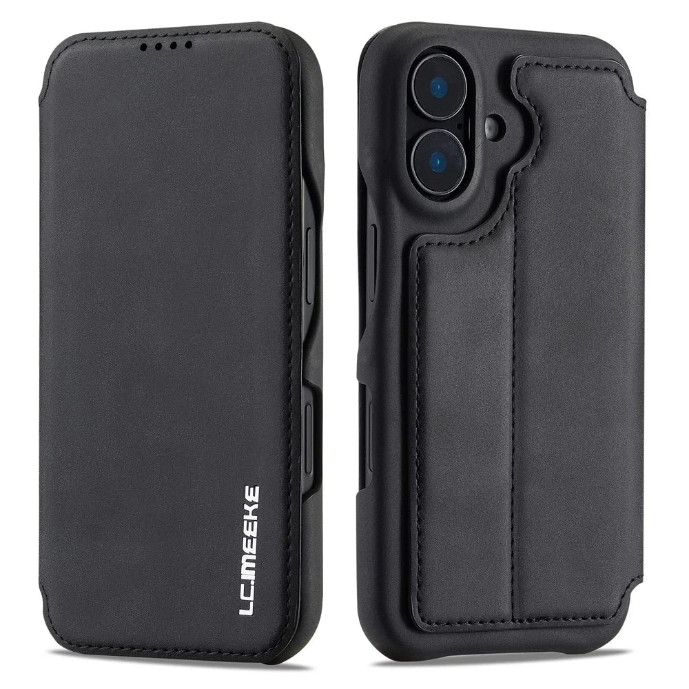 LC.IMEEKE For iPhone 16 Plus Case Card Holder Stand Leather Phone Cover - Black - 1