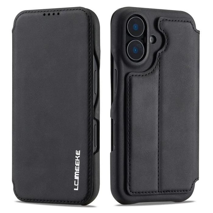 LC.IMEEKE For iPhone 16 Plus Case Card Holder Stand Leather Phone Cover - Black - 1