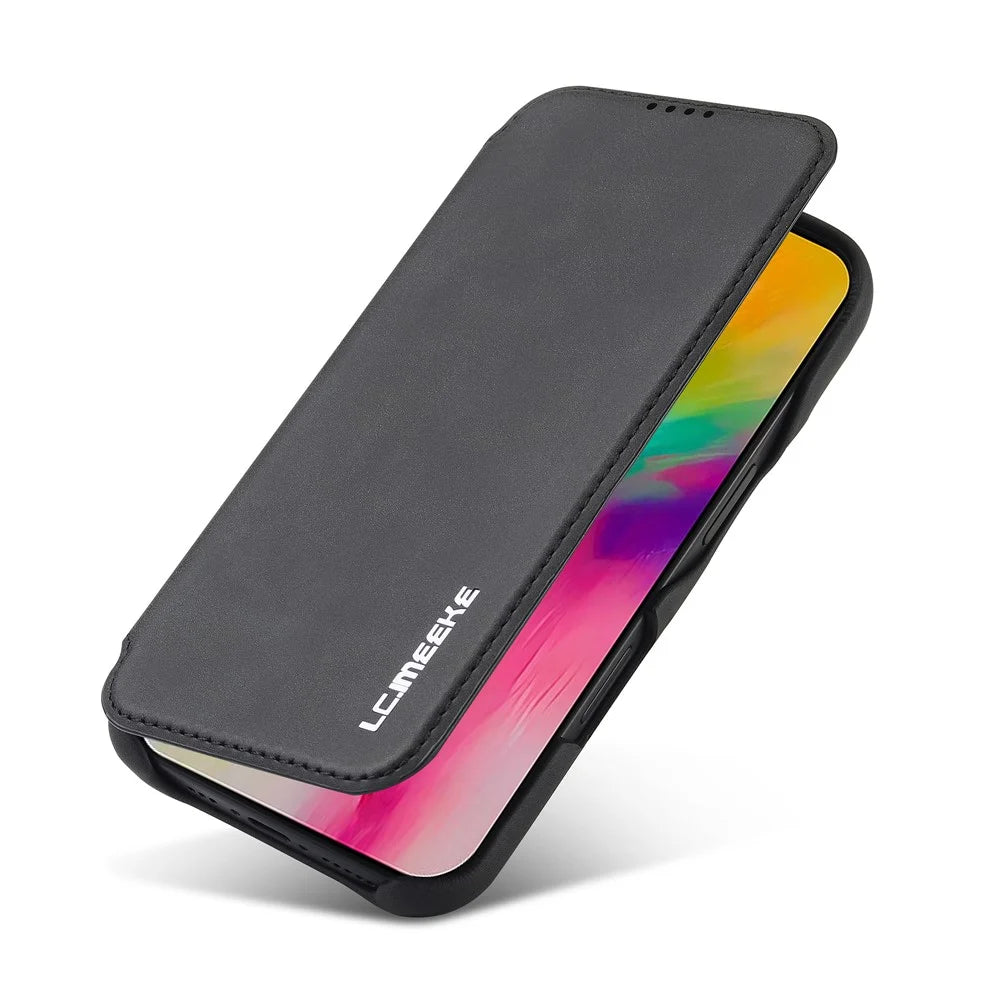 LC.IMEEKE For iPhone 16 Plus Case Card Holder Stand Leather Phone Cover - Black - 5