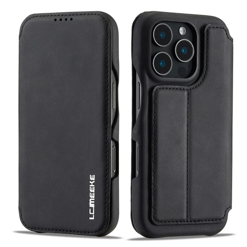 LC.IMEEKE For iPhone 16 Pro Case Card Holder Stand Leather Phone Cover - Black - 1