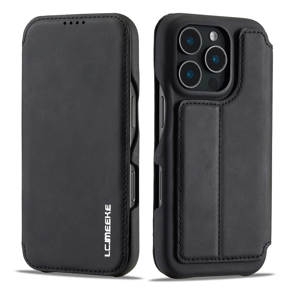 LC.IMEEKE For iPhone 16 Pro Case Card Holder Stand Leather Phone Cover - Black - 1
