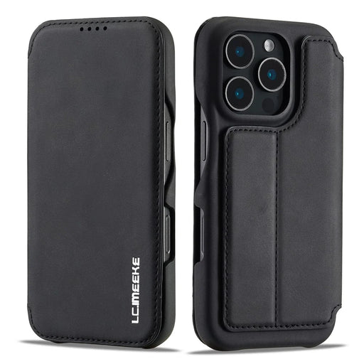 LC.IMEEKE For iPhone 16 Pro Case Card Holder Stand Leather Phone Cover - Black - 1