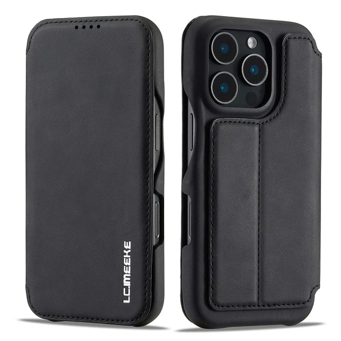LC.IMEEKE For iPhone 16 Pro Case Card Holder Stand Leather Phone Cover - Black - 1
