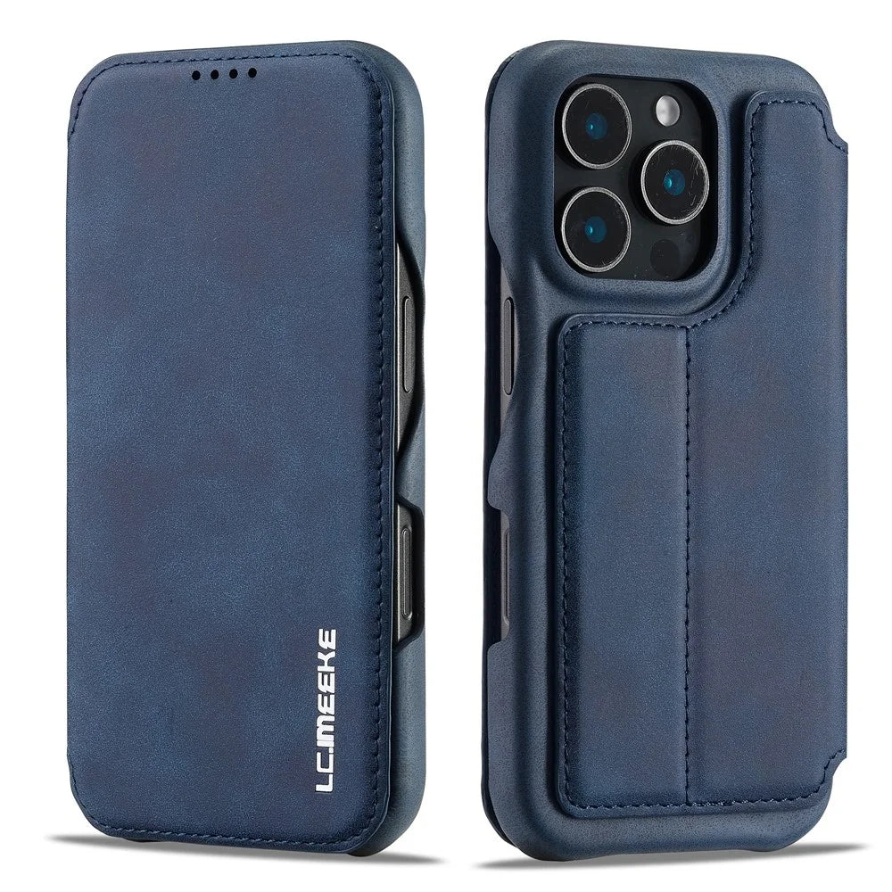 LC.IMEEKE For iPhone 16 Pro Max Case Card Holder Stand Leather Phone Cover - Blue - 1
