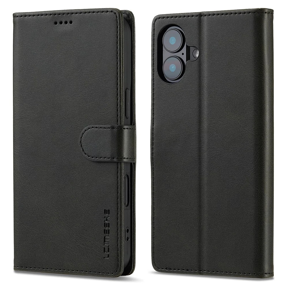 LC.IMEEKE For iPhone 16 Case Calf Texture PU Leather Stand Wallet Phone Cover - Black - 1