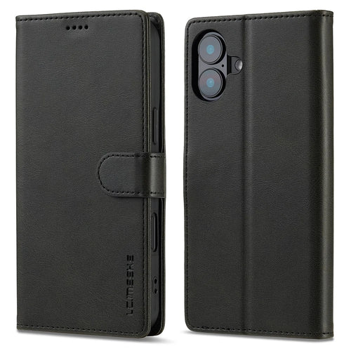 LC.IMEEKE For iPhone 16 Case Calf Texture PU Leather Stand Wallet Phone Cover - Black - 1