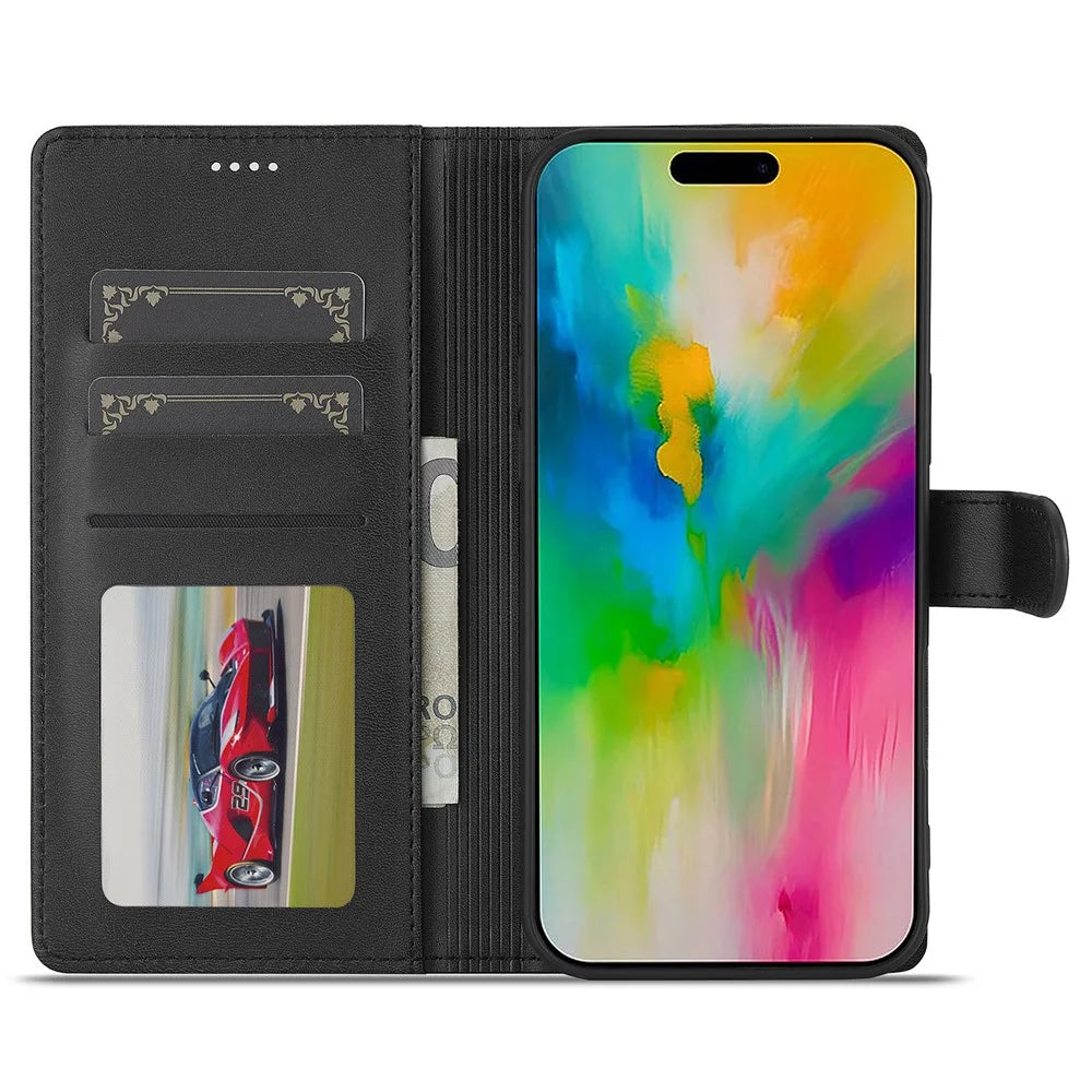 LC.IMEEKE For iPhone 16 Case Calf Texture PU Leather Stand Wallet Phone Cover - Black - 2