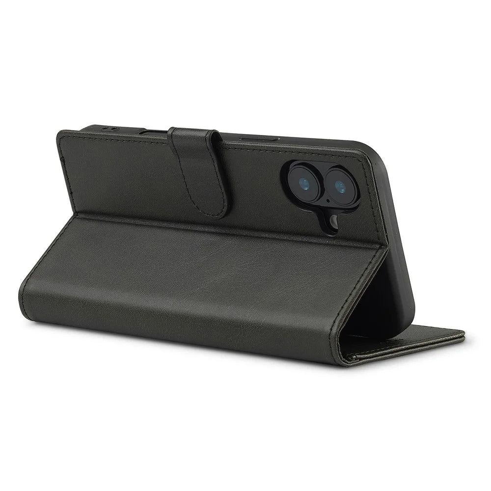 LC.IMEEKE For iPhone 16 Case Calf Texture PU Leather Stand Wallet Phone Cover - Black - 4