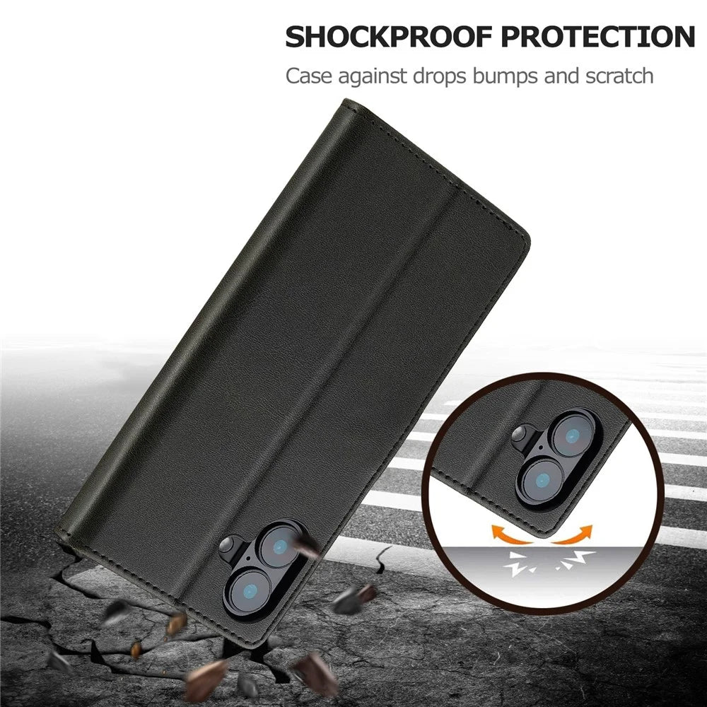 LC.IMEEKE For iPhone 16 Case Calf Texture PU Leather Stand Wallet Phone Cover - Black - 5