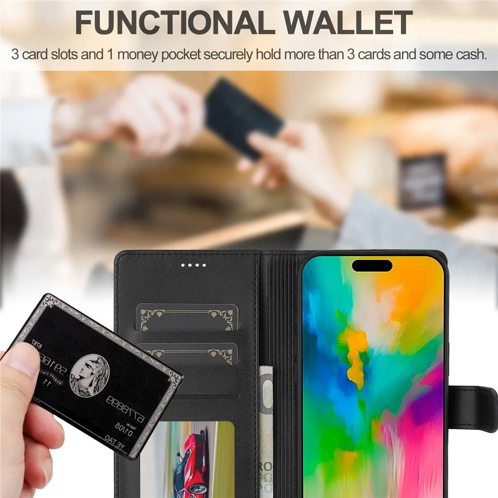 LC.IMEEKE For iPhone 16 Case Calf Texture PU Leather Stand Wallet Phone Cover - Black - 6