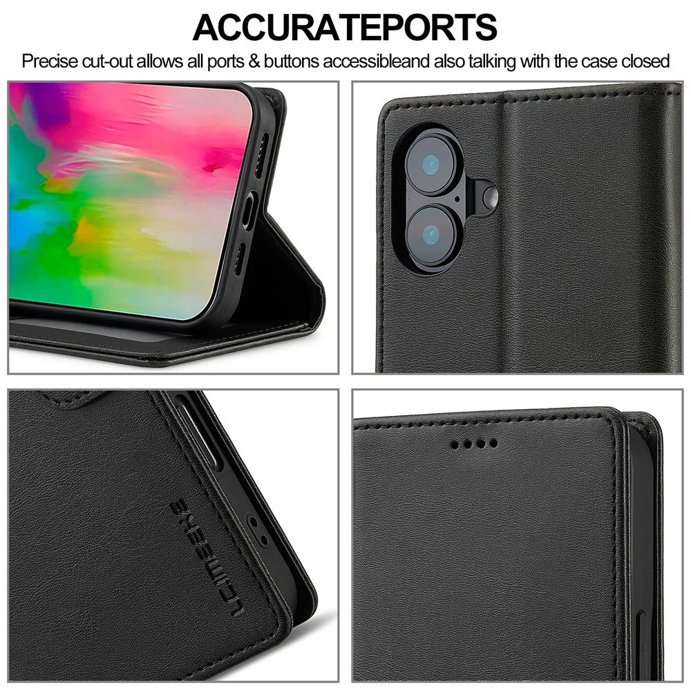 LC.IMEEKE For iPhone 16 Case Calf Texture PU Leather Stand Wallet Phone Cover - Black - 7