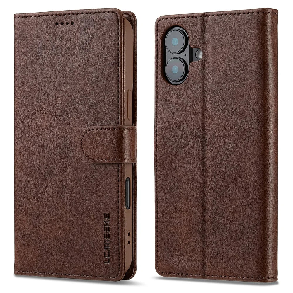 LC.IMEEKE For iPhone 16 Plus Case Calf Texture PU Leather Stand Wallet Phone Cover - Brown - 1