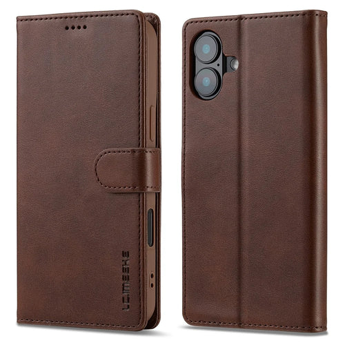 LC.IMEEKE For iPhone 16 Plus Case Calf Texture PU Leather Stand Wallet Phone Cover - Brown - 1