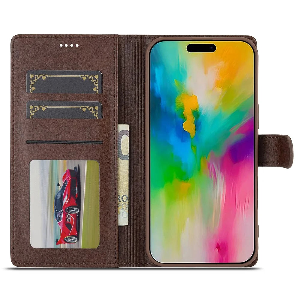 LC.IMEEKE For iPhone 16 Plus Case Calf Texture PU Leather Stand Wallet Phone Cover - Brown - 2