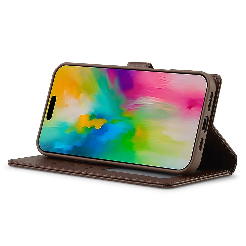 LC.IMEEKE For iPhone 16 Plus Case Calf Texture PU Leather Stand Wallet Phone Cover - Brown - 3