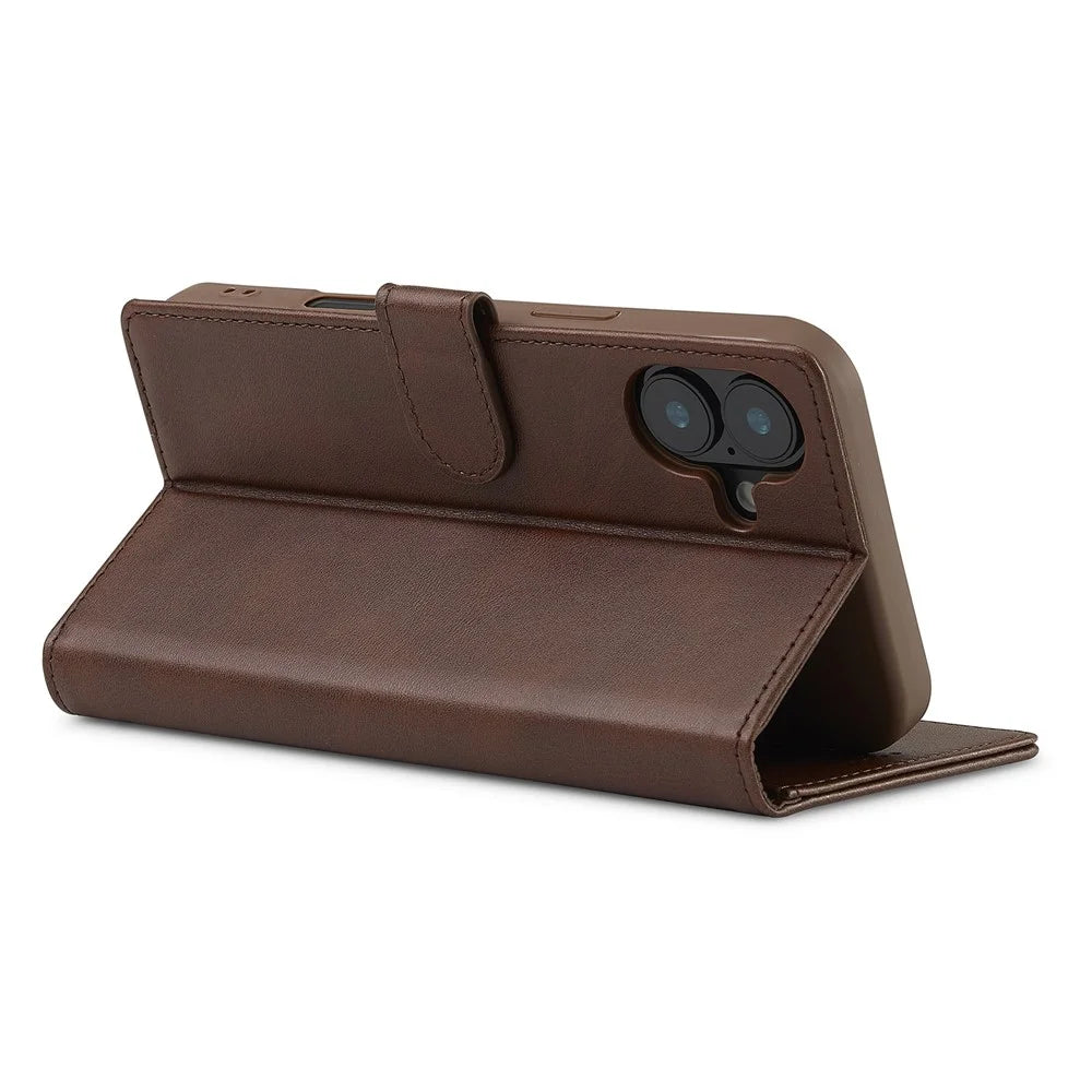 LC.IMEEKE For iPhone 16 Plus Case Calf Texture PU Leather Stand Wallet Phone Cover - Brown - 4