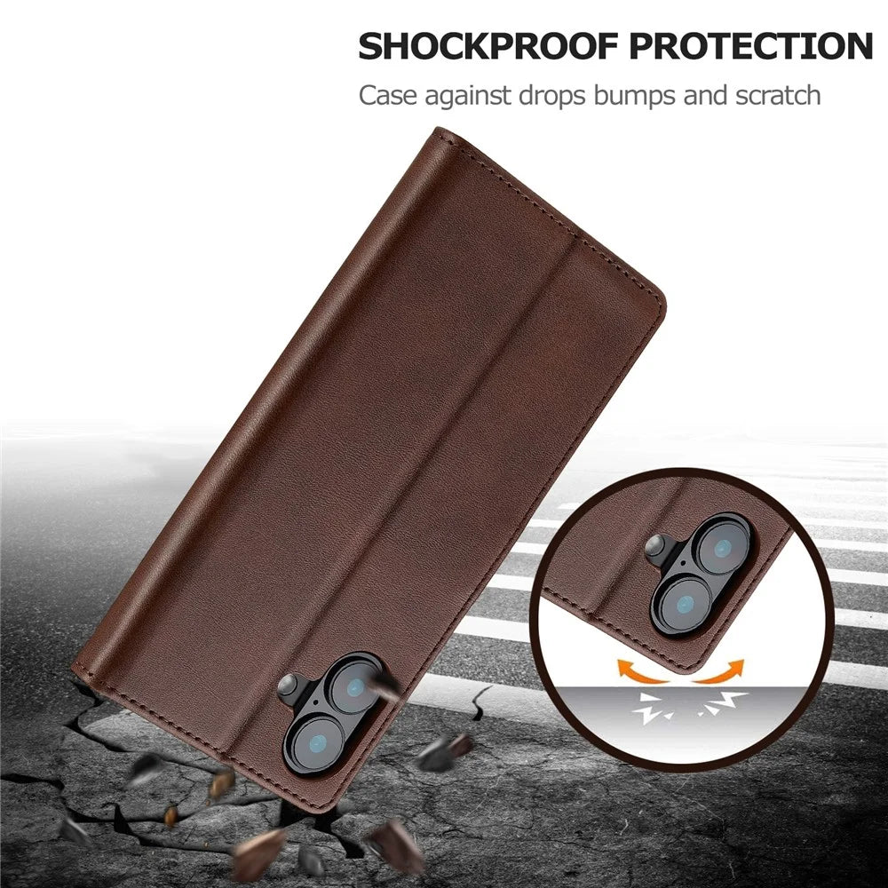 LC.IMEEKE For iPhone 16 Plus Case Calf Texture PU Leather Stand Wallet Phone Cover - Brown - 5