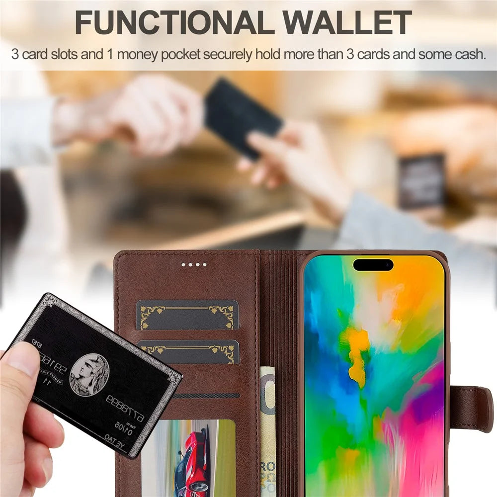 LC.IMEEKE For iPhone 16 Plus Case Calf Texture PU Leather Stand Wallet Phone Cover - Brown - 6