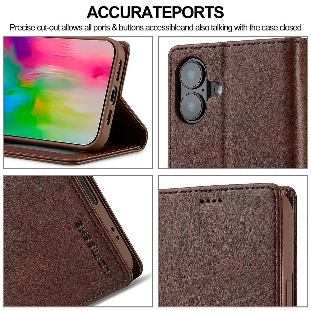 LC.IMEEKE For iPhone 16 Plus Case Calf Texture PU Leather Stand Wallet Phone Cover - Brown - 7