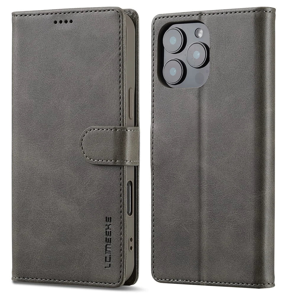 LC.IMEEKE For iPhone 16 Pro Case Calf Texture PU Leather Stand Wallet Phone Cover - Grey - 1