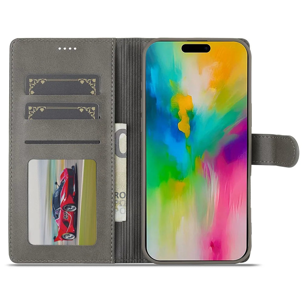 LC.IMEEKE For iPhone 16 Pro Case Calf Texture PU Leather Stand Wallet Phone Cover - Grey - 2