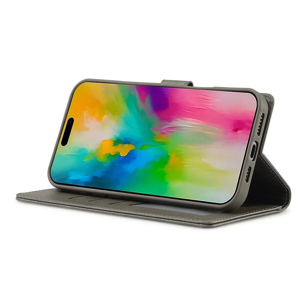 LC.IMEEKE For iPhone 16 Pro Case Calf Texture PU Leather Stand Wallet Phone Cover - Grey - 3