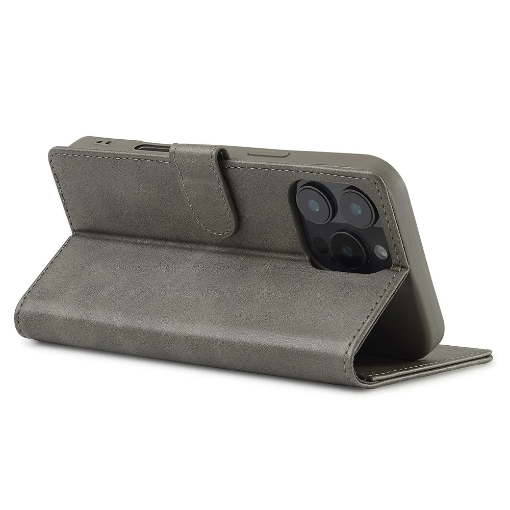 LC.IMEEKE For iPhone 16 Pro Case Calf Texture PU Leather Stand Wallet Phone Cover - Grey - 4