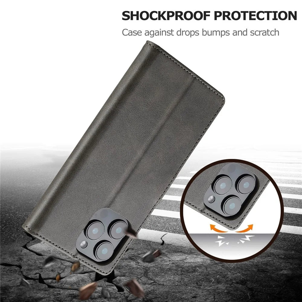LC.IMEEKE For iPhone 16 Pro Case Calf Texture PU Leather Stand Wallet Phone Cover - Grey - 5