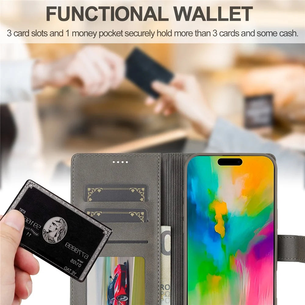 LC.IMEEKE For iPhone 16 Pro Case Calf Texture PU Leather Stand Wallet Phone Cover - Grey - 6