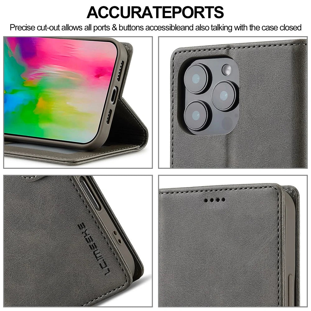 LC.IMEEKE For iPhone 16 Pro Case Calf Texture PU Leather Stand Wallet Phone Cover - Grey - 7