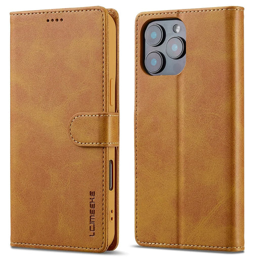 LC.IMEEKE For iPhone 16 Pro Max Case Calf Texture PU Leather Stand Wallet Phone Cover - Yellow - 1