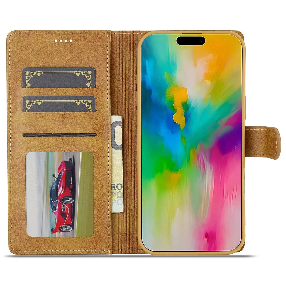 LC.IMEEKE For iPhone 16 Pro Max Case Calf Texture PU Leather Stand Wallet Phone Cover - Yellow - 2