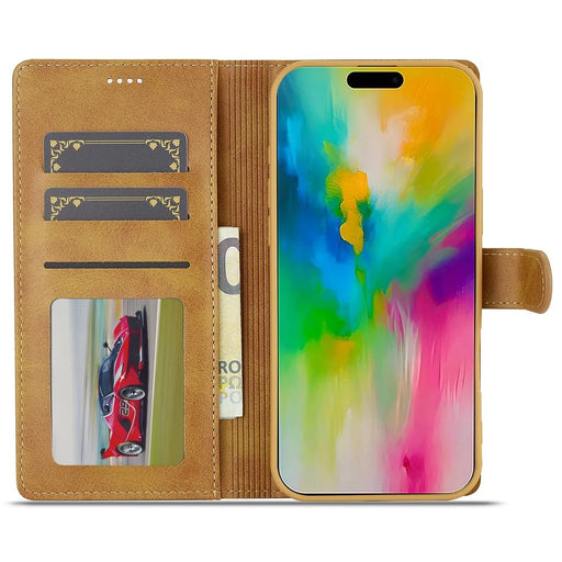 LC.IMEEKE For iPhone 16 Pro Max Case Calf Texture PU Leather Stand Wallet Phone Cover - Yellow - 2