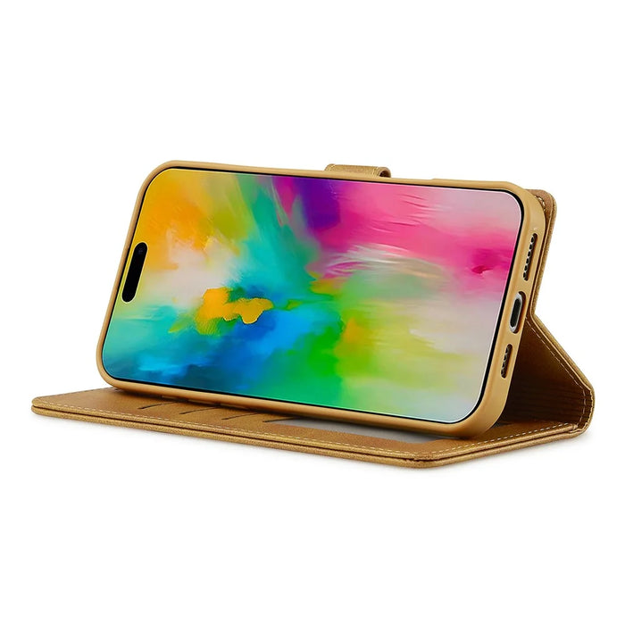 LC.IMEEKE For iPhone 16 Pro Max Case Calf Texture PU Leather Stand Wallet Phone Cover - Yellow - 3