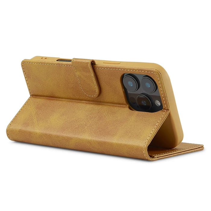 LC.IMEEKE For iPhone 16 Pro Max Case Calf Texture PU Leather Stand Wallet Phone Cover - Yellow - 4