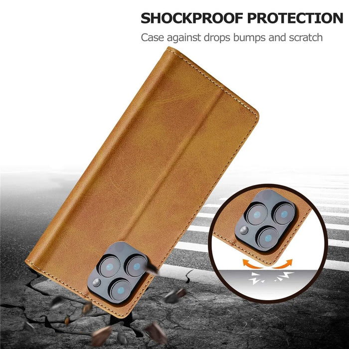 LC.IMEEKE For iPhone 16 Pro Max Case Calf Texture PU Leather Stand Wallet Phone Cover - Yellow - 5