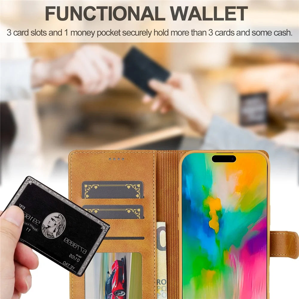 LC.IMEEKE For iPhone 16 Pro Max Case Calf Texture PU Leather Stand Wallet Phone Cover - Yellow - 6