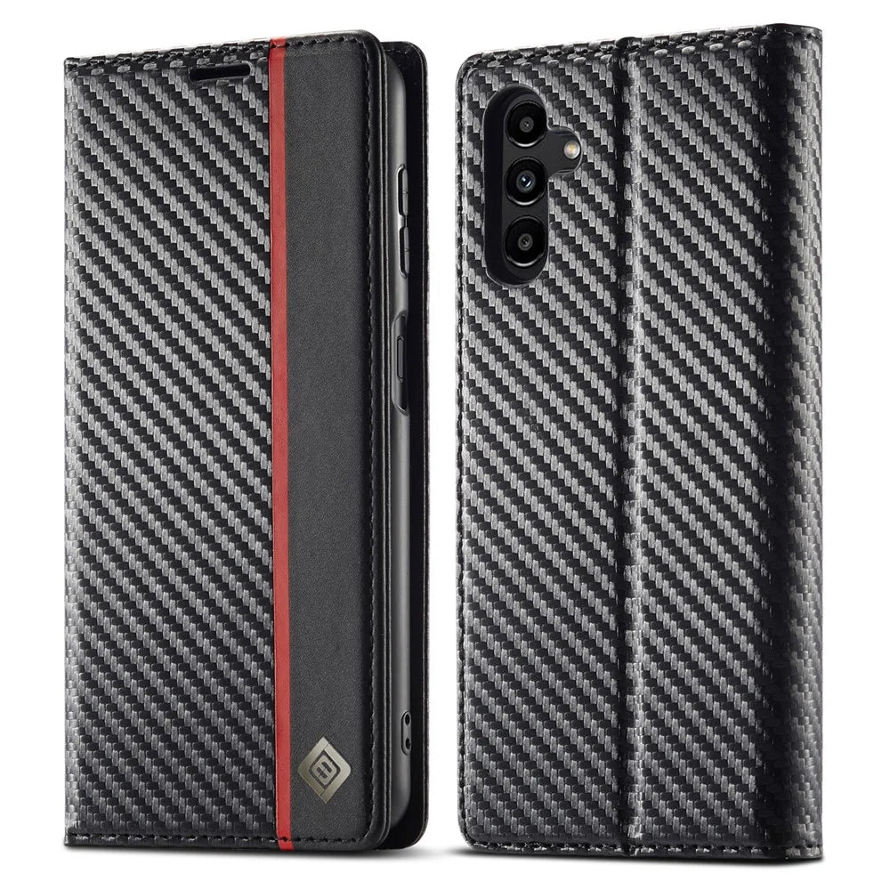 LC.IMEEKE For Samsung Galaxy S24 FE Case Carbon Fiber Texture Phone Cover Stand Card Holder - Vertical Stripe - 1