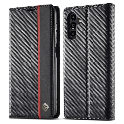 LC.IMEEKE For Samsung Galaxy S24 FE Case Carbon Fiber Texture Phone Cover Stand Card Holder - Vertical Stripe - 1
